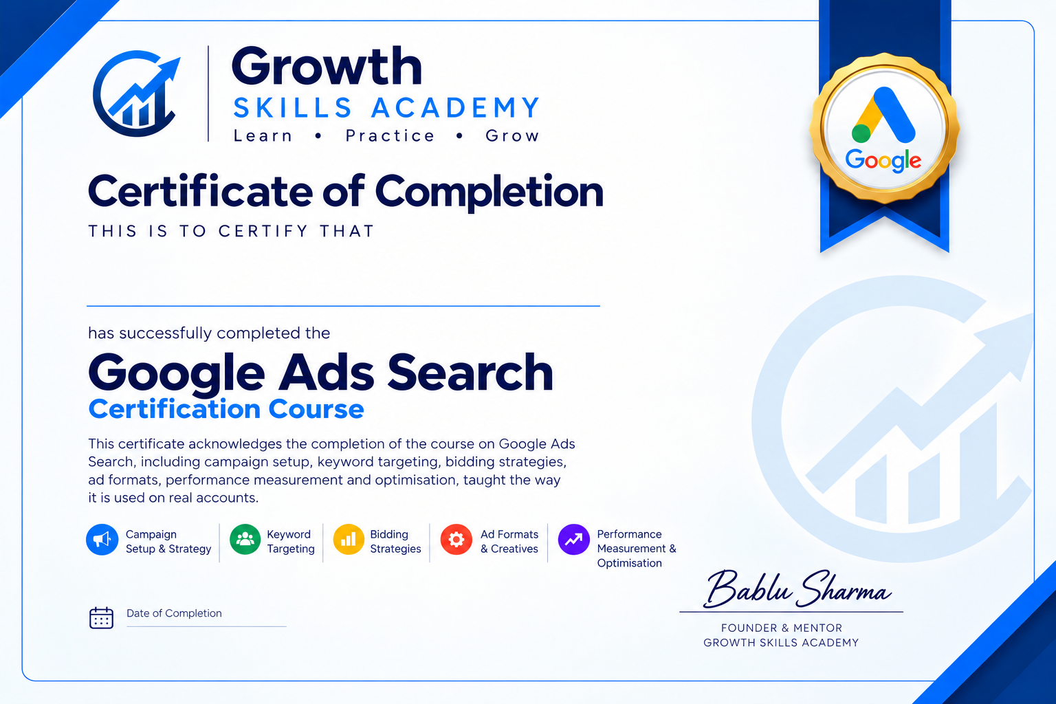 Growth Skills Academy Certificate of Completion for the Google Ads Search Certification Course