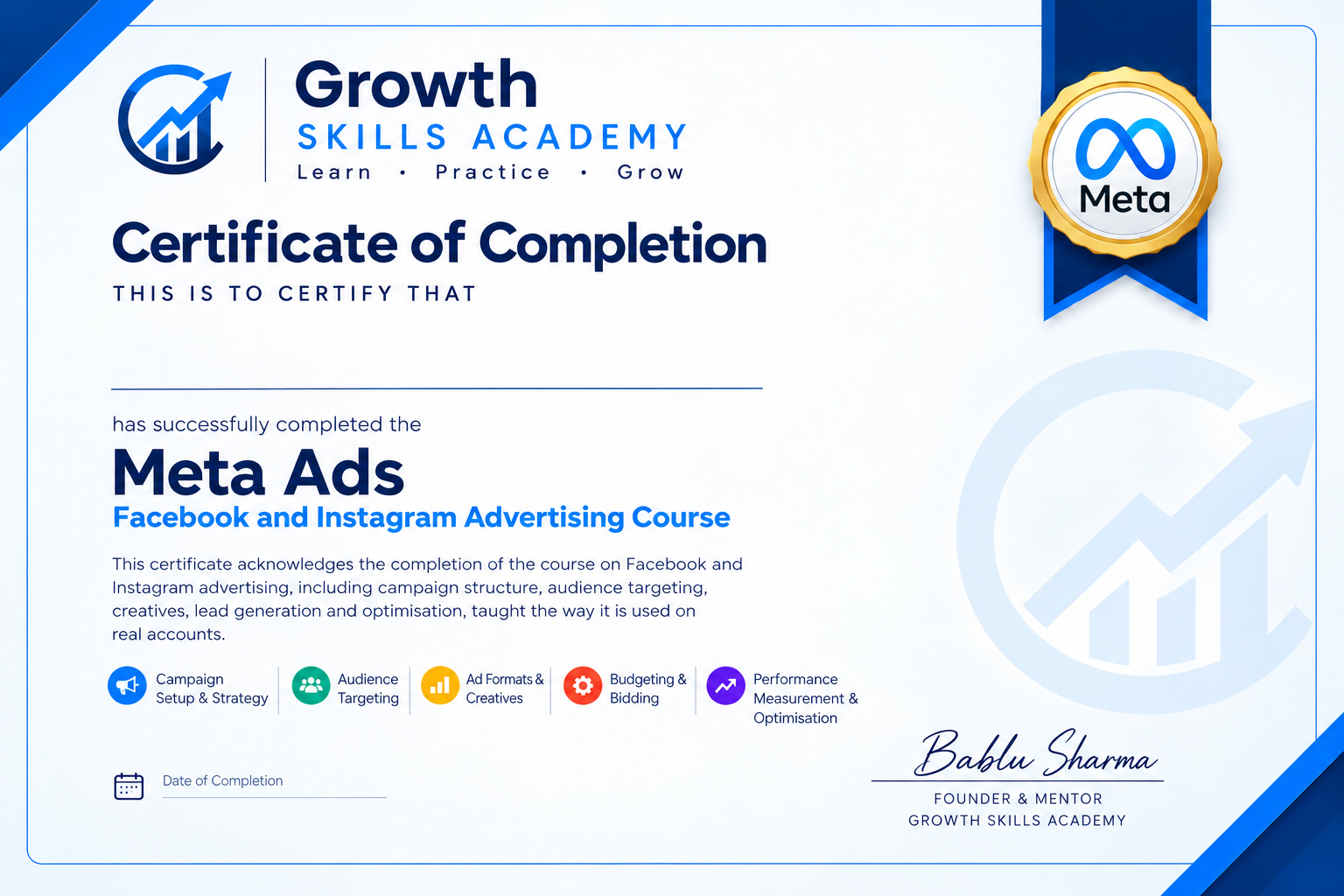 Growth Skills Academy Certificate of Completion for the Meta Ads Facebook and Instagram Advertising Course